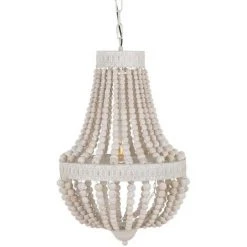 Budget 💯 LOLA HOME Plafonnier Lustre Avec Perles En Métal Blanc Et Bois Ø 40x60 Cm 🥰