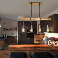 Offres ⭐ ZMH Vintage Pendelleuchte Holz Esstischlampe Retro Haengeleuchte Mit 80CM Holzbalken 4 X E27 Max. 25 Watt H?ngelampe Industrial Pendellampe Für Esszimmer Küche Wohnzimmer Bar Restaurant-80*150cm ⭐ -Suspension Soldes 51586315 3
