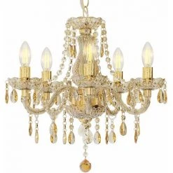 De gros 🎁 ETC-SHOP Lustre Cristal Lustre Doré Suspension Lampe Lustre Salle à Manger Lumière Salon, 5 Flammes, 5x Douilles E14, DxH 48x150 Cm ⭐