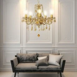 De gros 🎁 ETC-SHOP Lustre Cristal Lustre Doré Suspension Lampe Lustre Salle à Manger Lumière Salon, 5 Flammes, 5x Douilles E14, DxH 48x150 Cm ⭐ -Suspension Soldes 52755226 3
