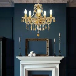 De gros 🎁 ETC-SHOP Lustre Cristal Lustre Doré Suspension Lampe Lustre Salle à Manger Lumière Salon, 5 Flammes, 5x Douilles E14, DxH 48x150 Cm ⭐ -Suspension Soldes 52755226 4