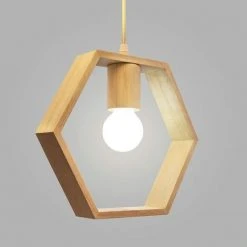 Promo 🧨 COMELY Nordique En Bois Hexagone Géométrique Pendentif Lumières Unique Tête Suspendue Salle à Manger Bar Restaurant Lampe En Bois Avec 5 W Blanc Ampoule 💯
