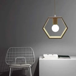 Promo 🧨 COMELY Nordique En Bois Hexagone Géométrique Pendentif Lumières Unique Tête Suspendue Salle à Manger Bar Restaurant Lampe En Bois Avec 5 W Blanc Ampoule 💯 -Suspension Soldes 55568246 3