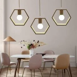 Promo 🧨 COMELY Nordique En Bois Hexagone Géométrique Pendentif Lumières Unique Tête Suspendue Salle à Manger Bar Restaurant Lampe En Bois Avec 5 W Blanc Ampoule 💯 -Suspension Soldes 55568246 4