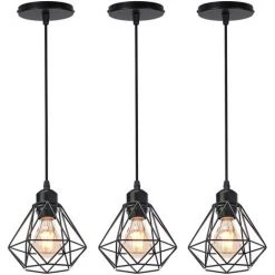 Les meilleures critiques de 🌟 3x Lustre Suspension Industriel En Métal Noir , Stoex Luminaire Style Vintage Design Forme Cage Diamant Rétro Pour Salon Chambre Salle à Manger (sans Ampoule) 😍