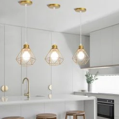 Le moins cher 🛒 STOEX Lustre Suspension Industriel En Métal Or , Luminaire Style Vintage Design Forme Cage Diamant Rétro Pour Salon Chambre Salle à Manger (sans Ampoule) 😉 -Suspension Soldes 55909668 4