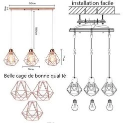 Meilleur prix 🥰 STOEX Suspension Industrielle 3 Lampes Lustre Métal Plafonnier Lumières E27 Pour Salon Cuisine Chambre Salle à Manger, Or Rose 😉 -Suspension Soldes 55909671 5