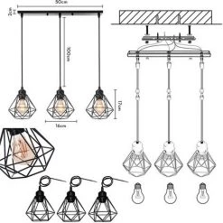Grosses soldes 👍 STOEX Suspension Industrielle 3 Lampes Lustre Métal Plafonnier Lumières E27 Pour Salon Cuisine Chambre Salle à Manger, Noir 🎉 -Suspension Soldes 55909856 5
