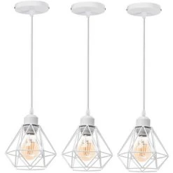 Bon marché 🧨 3x Lustre Suspension Industriel En Métal Blanc , Stoex Luminaire Style Vintage Design Forme Cage Diamant Rétro Pour Salon Chambre Salle à Manger (sans Ampoule) ⌛