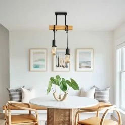 Remise 😀 COMELY Suspension Luminaire Vintage, Lustre Plafonnier En Bois, 100cm Réglable Longueur Du Cordon, Lustre Salon Salle à Manger, 2 Lumières E27 (Ampoule Non Incluse) ⌛ -Suspension Soldes 56073651 3