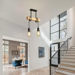 Remise 😀 COMELY Suspension Luminaire Vintage, Lustre Plafonnier En Bois, 100cm Réglable Longueur Du Cordon, Lustre Salon Salle à Manger, 2 Lumières E27 (Ampoule Non Incluse) ⌛ -Suspension Soldes 56073651 4