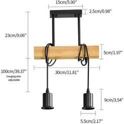 Remise 😀 COMELY Suspension Luminaire Vintage, Lustre Plafonnier En Bois, 100cm Réglable Longueur Du Cordon, Lustre Salon Salle à Manger, 2 Lumières E27 (Ampoule Non Incluse) ⌛ -Suspension Soldes 56073651 5