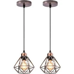 De gros 👍 Lot De 2 Lustre Suspension Industriel En Métal, Stoex Luminaire Style Vintage Design Forme Cage Diamant Rétro Pour Salon Chambre Salle à Manger (sans Ampoule) - Laiton ⌛