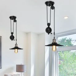 Tout neuf 🎁 WOTTES Suspension Luminaire Industriel Poulie De Suspension Métal Lumière E27 Salon Bar Restaurant Noir - Noir 💯 -Suspension Soldes 57221612 3