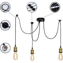 Top 10 👏 FR-LIFE Plafonnier Araignée E27 Suspension,BR-Vie 3 Têtes Suspension Lampe Plafonnier Industriel Avec Câble Réglable Pour Cuisine Salle à Manger [Classe énergétique A+++] 😉 -Suspension Soldes 58701628 4