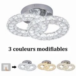 Bon marché 👍 GREELUSTR Plafonnier En Cristal, Plafonnier Moderne à 2 Anneaux, éclairage De Plafond Au Fini Chromé Pour Chambre à Coucher, Salon, Salle De Bain, Couloir, 3 Couleurs Modifiables ⭐