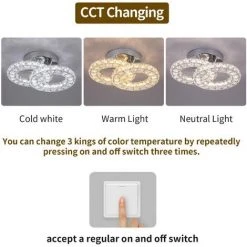 Bon marché 👍 GREELUSTR Plafonnier En Cristal, Plafonnier Moderne à 2 Anneaux, éclairage De Plafond Au Fini Chromé Pour Chambre à Coucher, Salon, Salle De Bain, Couloir, 3 Couleurs Modifiables ⭐ -Suspension Soldes 59799105 3