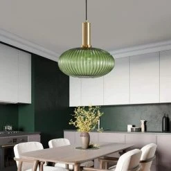 Le moins cher ✔️ LITZEE Lustre Intérieur Luminaire Suspension Industrielle Suspendus Modernes Douille E27 Abat Jour Plafond Suspension En Verre à Rayures (Vert, L 30cm) ❤️ -Suspension Soldes 63867353 3