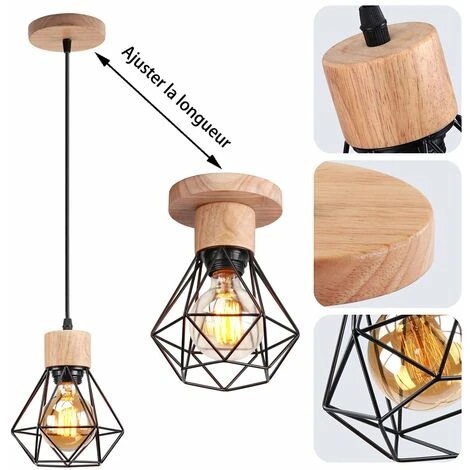Acheter 👍 Lot De 2 Lustre Suspension Industriel Vintage Interieur, Stoex Lampe De Plafond En Bois Et Métal Douille E27 Cage Diamant Rétro Pour Salon, Chambre, Cuisine,Restaurant, E27, Noir 🧨 4 Acheter 👍 Lot De 2 Lustre Suspension Industriel Vintage Interieur, Stoex Lampe De Plafond En Bois Et Métal Douille E27 Cage Diamant Rétro Pour Salon, Chambre, Cuisine,Restaurant, E27, Noir 🧨 – Image 4