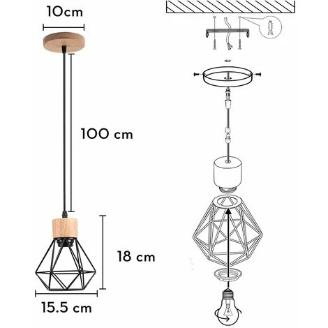 Acheter 👍 Lot De 2 Lustre Suspension Industriel Vintage Interieur, Stoex Lampe De Plafond En Bois Et Métal Douille E27 Cage Diamant Rétro Pour Salon, Chambre, Cuisine,Restaurant, E27, Noir 🧨 5 Acheter 👍 Lot De 2 Lustre Suspension Industriel Vintage Interieur, Stoex Lampe De Plafond En Bois Et Métal Douille E27 Cage Diamant Rétro Pour Salon, Chambre, Cuisine,Restaurant, E27, Noir 🧨 – Image 5