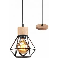 Grosses soldes ⭐ Lustre Suspension Industriel Vintage Interieur, Stoex Lampe De Plafond En Bois Et Métal Douille E27 Cage Diamant Rétro Pour Salon, Chambre, Cuisine,Restaurant, E27, Noir 😉