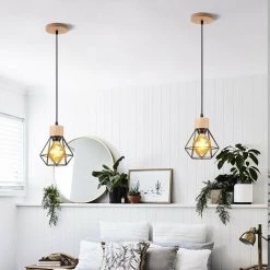 Grosses soldes ⭐ Lustre Suspension Industriel Vintage Interieur, Stoex Lampe De Plafond En Bois Et Métal Douille E27 Cage Diamant Rétro Pour Salon, Chambre, Cuisine,Restaurant, E27, Noir 😉 -Suspension Soldes 64025692 3