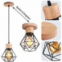 Grosses soldes ⭐ Lustre Suspension Industriel Vintage Interieur, Stoex Lampe De Plafond En Bois Et Métal Douille E27 Cage Diamant Rétro Pour Salon, Chambre, Cuisine,Restaurant, E27, Noir 😉 -Suspension Soldes 64025692 4