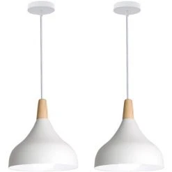Promo 🥰 STOEX Lot De 2 Suspension En Métal Et Bois, Lustre Abat-jour Ø 20cm Luminaire E27 60W, Blanc ❤️
