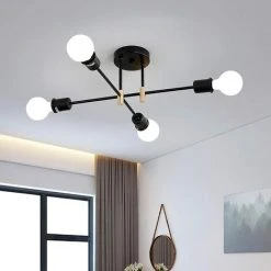 Promo 😉 HAZEL Lustre Vintage Industriel E27, Plafonnier Rétro Semi-Encastré Spoutnik, 4 Lumières Luminaire Plafond Métal Pour Salon, Chambre, Cuisine, Balcon, Salle à Manger (Noir) ❤️