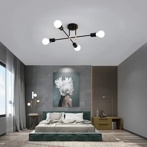 Promo 😉 HAZEL Lustre Vintage Industriel E27, Plafonnier Rétro Semi-Encastré Spoutnik, 4 Lumières Luminaire Plafond Métal Pour Salon, Chambre, Cuisine, Balcon, Salle à Manger (Noir) ❤️ 3 Promo 😉 HAZEL Lustre Vintage Industriel E27, Plafonnier Rétro Semi-Encastré Spoutnik, 4 Lumières Luminaire Plafond Métal Pour Salon, Chambre, Cuisine, Balcon, Salle à Manger (Noir) ❤️ – Image 3
