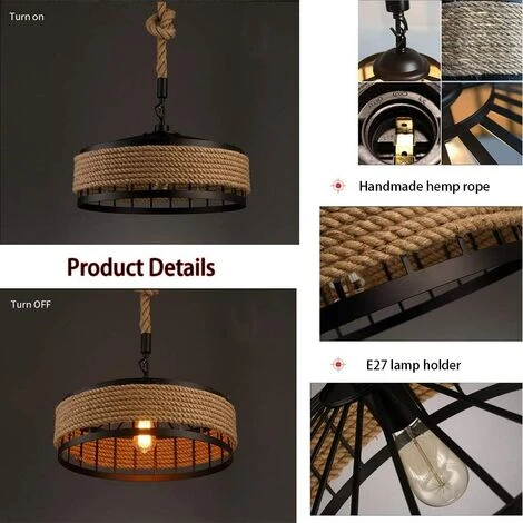 Vente flash ❤️ HAZEL Lampe Suspendue Vintage Corde Pendentif E27 Lustres Rétro Plafonnier Industriel En Fer Forgé Loft Plafond Lampe Suspendue Rustique Chanvre Corde Ronde Fer Cage Restaurant De Plafond 😍 2 Vente flash ❤️ HAZEL Lampe Suspendue Vintage Corde Pendentif E27 Lustres Rétro Plafonnier Industriel En Fer Forgé Loft Plafond Lampe Suspendue Rustique Chanvre Corde Ronde Fer Cage Restaurant De Plafond 😍 – Image 2