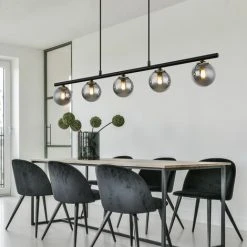Le moins cher ✨ ETC-SHOP Suspension 5 Flammes Suspension Boules De Verre Fumé Lampe De Salon Suspension Noir, Métal Laiton, Douilles G9, LxlxH 90x10x120 Cm 😍
