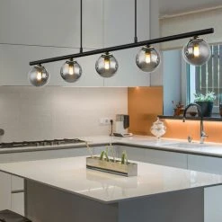Le moins cher ✨ ETC-SHOP Suspension 5 Flammes Suspension Boules De Verre Fumé Lampe De Salon Suspension Noir, Métal Laiton, Douilles G9, LxlxH 90x10x120 Cm 😍 -Suspension Soldes 67390010 3