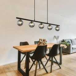 Le moins cher ✨ ETC-SHOP Suspension 5 Flammes Suspension Boules De Verre Fumé Lampe De Salon Suspension Noir, Métal Laiton, Douilles G9, LxlxH 90x10x120 Cm 😍 -Suspension Soldes 67390010 4