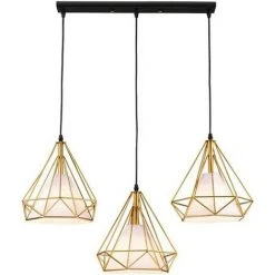 Sortie 👍 STOEX Doré Suspension Industrielle Rétro Luminaire Lustre Abat-jour Filaire De 3 Lampe Cage Forme Diamant Pour Chambre Salon Cuisine Bar- Support Barre 🔥