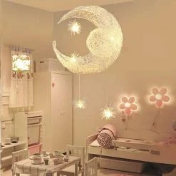 Vente flash ⌛ STOEX Lampe En Aluminium Suspension De Lune Et étoiles Lustre Moderne Lumière Chaude Pour Chambre D'enfant 🤩 -Suspension Soldes 9528385 4