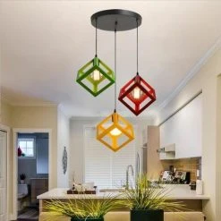 Budget ⭐ STOEX Suspension Contemporain En Cage Cube Fer, Lustre Abat-jour 3 Couleur Différent Disque Luminaire Pour Salon Salle à Manger Cuisine ⭐