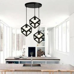 Vente flash 🎉 STOEX Lampe Suspensions Plafonnier Cube E27 Noir, Lustre Abat-jour Avec Douille Applique D'Eclairage Pour Salon Cuisine Bar 👏