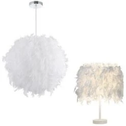 De gros 🔥 STOEX Lustre Suspension Abat-jour Lampe Plumes 30 Cm + Lampe De Table En Plumes Blanc 20cm ⭐