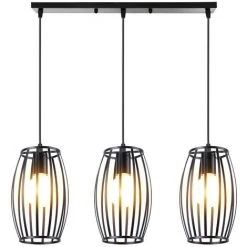 Promo 🎁 STOEX Lustre Suspension Industrielle Cage Forme Tambour Noir 3 Lampes Et Barre Contemporain Corde Ajustable Luminaire Pour Cuisine, Couloir,Salle à Manger, Bar 🥰