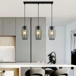 Promo 🎁 STOEX Lustre Suspension Industrielle Cage Forme Tambour Noir 3 Lampes Et Barre Contemporain Corde Ajustable Luminaire Pour Cuisine, Couloir,Salle à Manger, Bar 🥰 -Suspension Soldes 9838691 4
