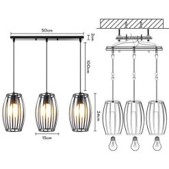 Promo 🎁 STOEX Lustre Suspension Industrielle Cage Forme Tambour Noir 3 Lampes Et Barre Contemporain Corde Ajustable Luminaire Pour Cuisine, Couloir,Salle à Manger, Bar 🥰 -Suspension Soldes 9838691 5