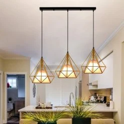 De gros 🌟 STOEX Suspension Luminaire Cage Forme Diamant Contemporain, Lustre Lampe Plafonnier Corde Ajustable Pour Cuisine, Couloir,Salle à Manger, Salon, Chambre D'enfants Et De Restaurant, E27 Jaune 🌟 -Suspension Soldes 9838728 3